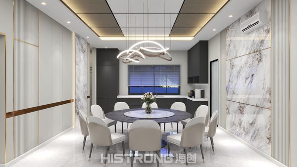 A stylish dining experience unfolds under a sleek ceiling design, complemented by marble panels that add a touch of elegance. Eco-friendly choices enhance this modern luxury, making gatherings feel special.