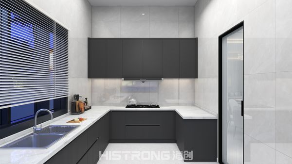 A captivating blend of sleek grey cabinets and smooth marble surfaces transforms this kitchen into a stylish culinary haven, celebrating eco-friendly elegance.