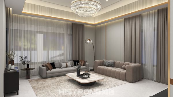 Warm grey tones and soft textures create a serene living space that invites relaxation, featuring eco-friendly materials for your peace of mind.