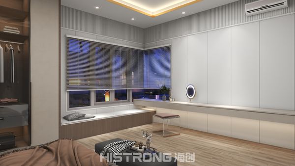 Serene vibes fill this bedroom, where smooth lines and eco panels create a calming retreat that's easy to maintain. Embrace a minimalist home Malaysia.