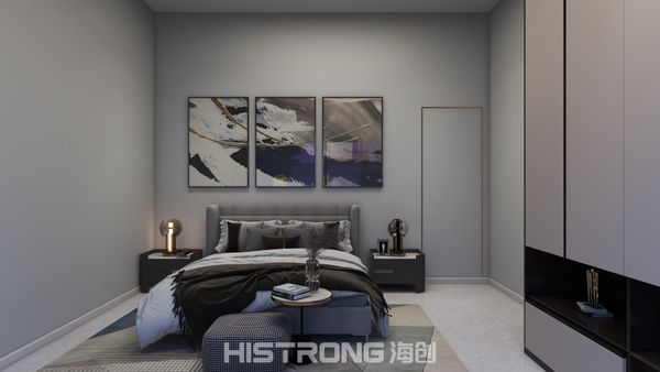 A serene bedroom anchored by a custom headboard wall—where minimalist design meets smart space planning for peaceful family moments.