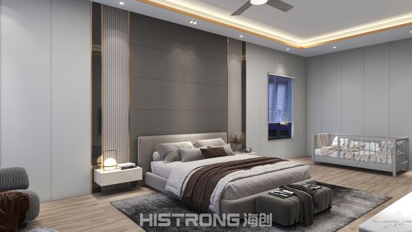A serene bedroom invites relaxation with soft grey textures and a minimalist headboard wall, perfectly complementing every restful moment. Discover eco-friendly elegance with HISTRONG.