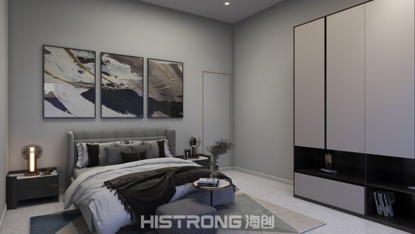 A serene palette of greys and blacks creates a tranquil retreat, complemented by sleek eco-friendly cabinetry for optimal organization.