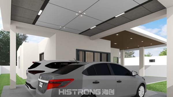A sleek ceiling design enhances the welcoming vibe of this carport, perfectly blending functionality with modern aesthetics — a touch of eco-friendly elegance.