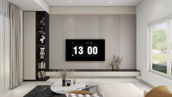A smart space that harmonizes sleek fluted panels and gentle lighting, creating a calming atmosphere perfect for relaxation at home. Elevate your living room with eco-friendly design solutions.