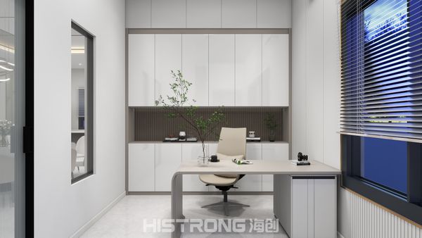 A sleek office space where functionality meets tranquility, enhanced by smooth white cabinetry that promotes focus and creativity. Experience eco-friendly designs that elevate every moment.