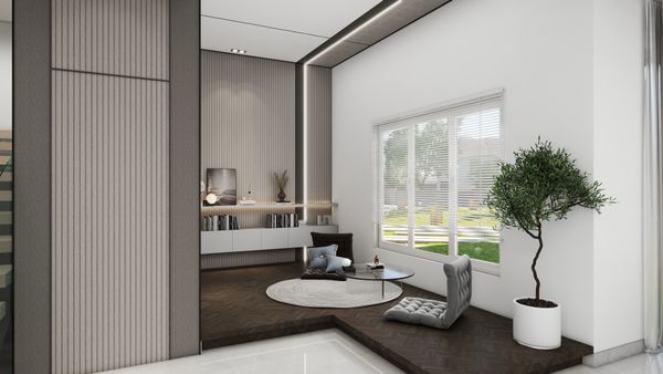 A serene gathering spot combines soft textures with fluted eco panels—creating a tranquil ambiance perfect for relaxation. Explore modern living with HISTRONG's eco-friendly designs.