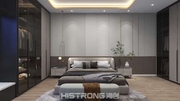 A tranquil retreat anchored by a custom headboard wall and fluted panels, blending comfort with low-maintenance design for modern living. Embrace eco-friendly luxury with every detail.
