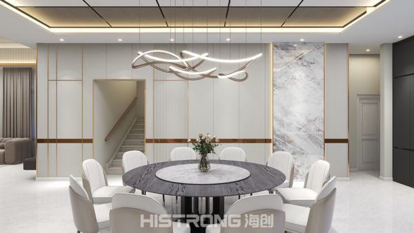 A harmonious blend of smooth marble and airy textures enhances the dining experience, making gatherings feel effortlessly elegant with eco-friendly design elements.